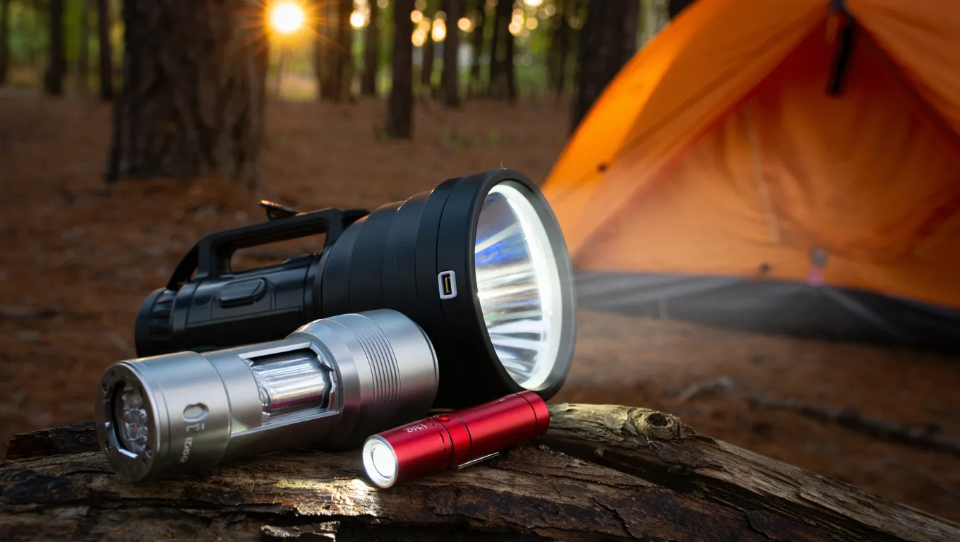Best camping flashlights with long battery life shown in outdoor setting with illuminated tent