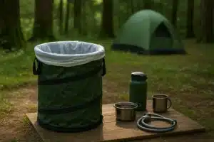 Collapsible trash can for camping arranged at forest campsite