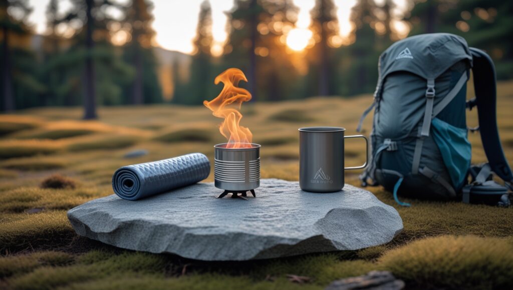 DIY Alcohol Stove resting on a rock in a forest, surrounded by ultralight camping gear during sunset.