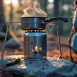 A lit soda can alcohol stove with a pot stand and gear nearby, set up in a forest clearing at sunrise.