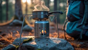 A lit soda can alcohol stove with a pot stand and gear nearby, set up in a forest clearing at sunrise.