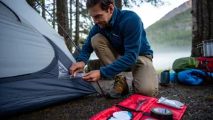 Camper performing critical tent repair miles from civilization with compact repair kit