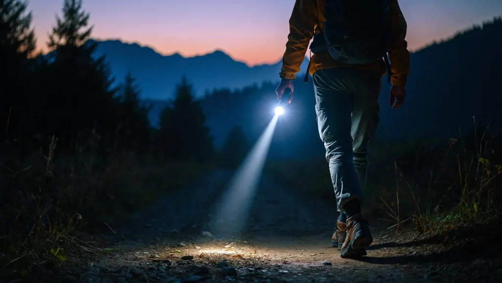 Camper using reliable long-lasting flashlight on trail at dusk showcasing practical outdoor lighting