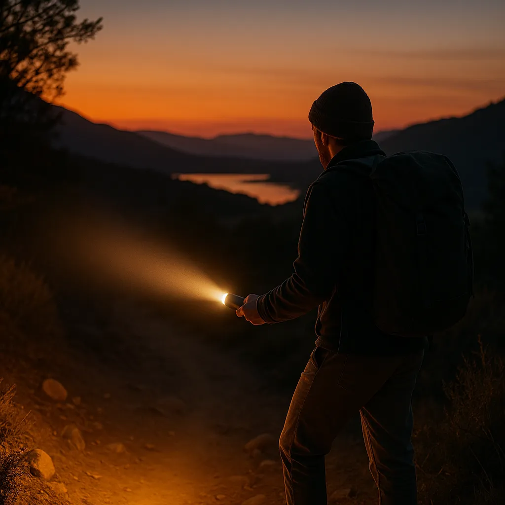 Person using a camping flashlight to navigate a trail at dusk