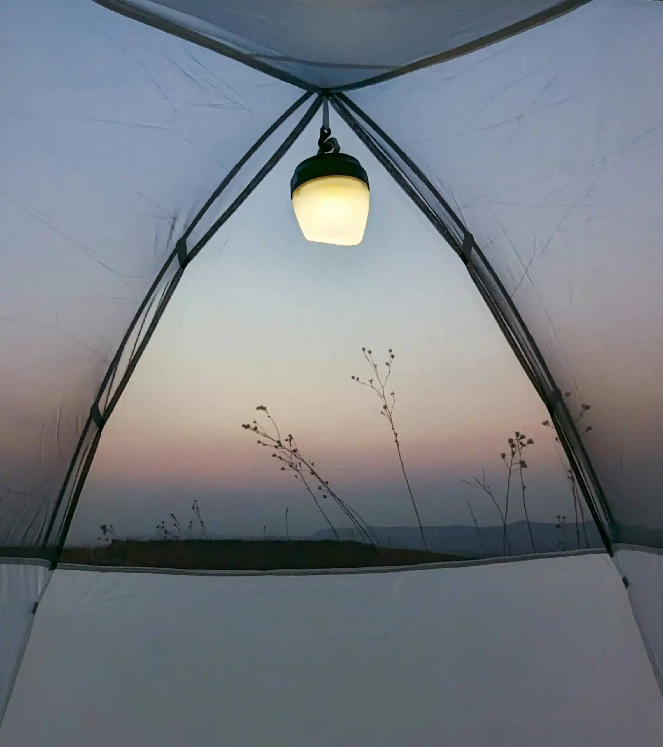 Solar camping lanterns illuminating a night campsite with tent and trees in background