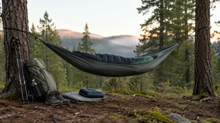 Ultralight backpacking hammock hanging between two trees at a forest campsite with a backpack, trekking poles, boots, and sleeping gear nearby