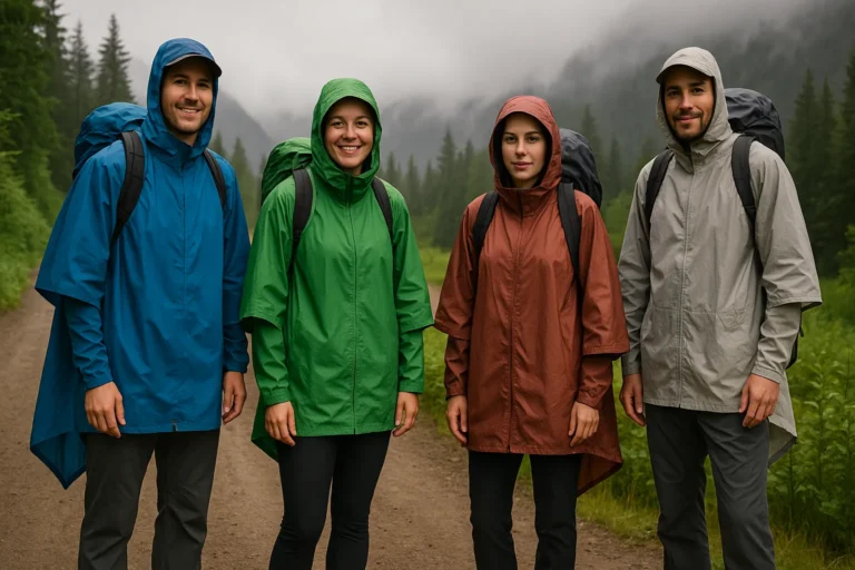 Lightweight hiking ponchos covering both hiker and backpack on forest trail