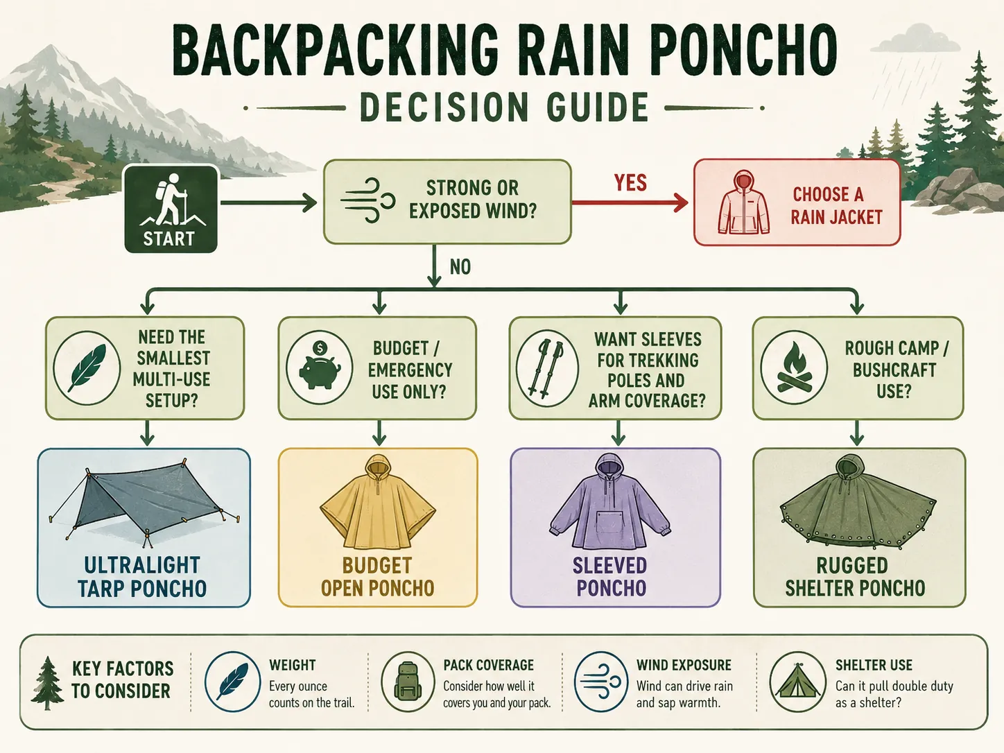 Decision guide for choosing a backpacking rain poncho by weight, pack coverage, wind exposure, and shelter use