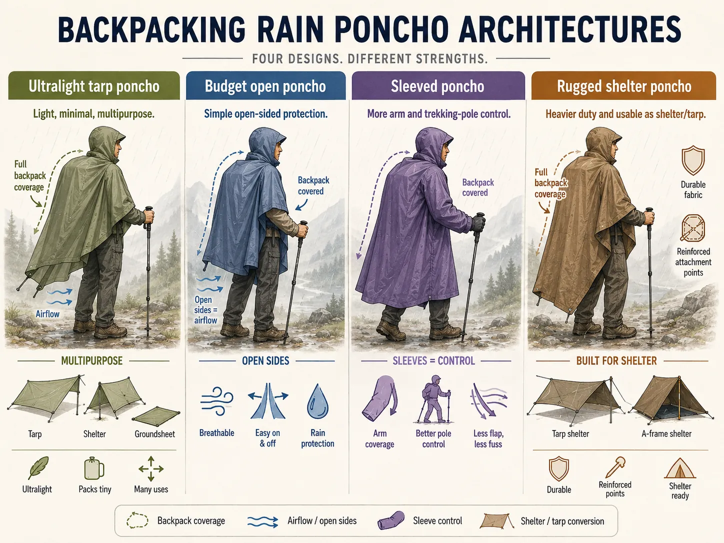 Backpacking rain poncho styles compared: ultralight tarp poncho, budget poncho, sleeved poncho, and rugged shelter poncho