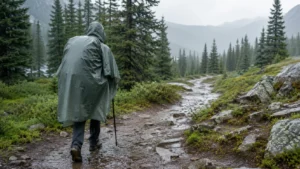 Backpacker wearing a rain poncho over a hiking pack on a wet forest trail