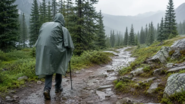 Backpacker wearing a rain poncho over a hiking pack on a wet forest trail