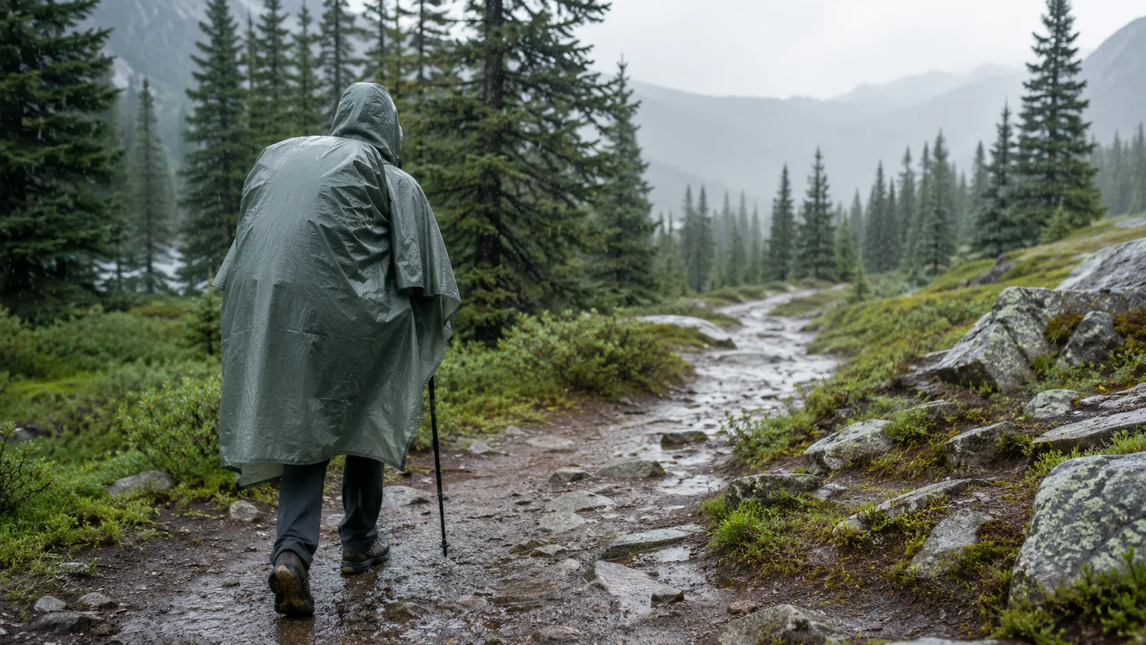 Backpacker wearing a rain poncho over a hiking pack on a wet forest trail