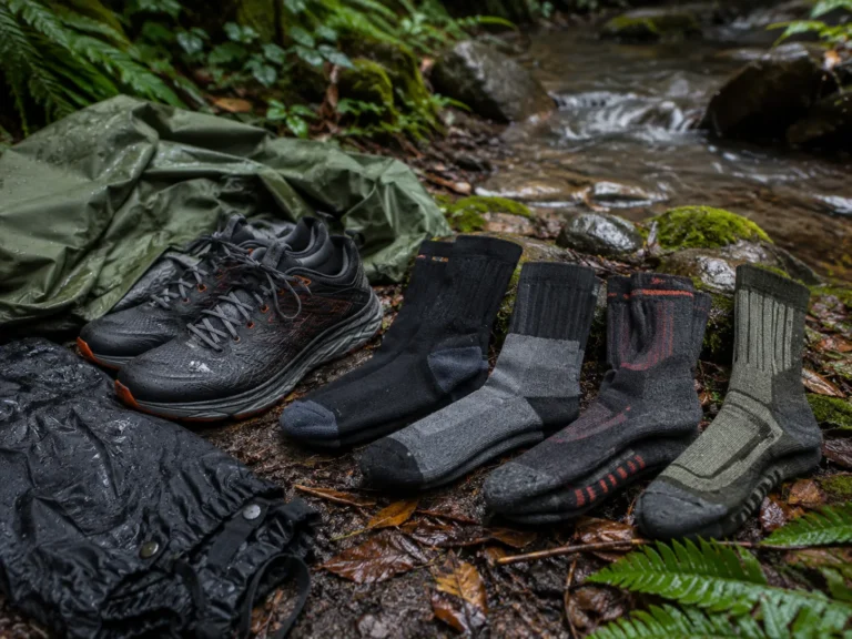 Waterproof hiking socks arranged beside trail runners on a wet forest trail with rain gear and a shallow stream in the background