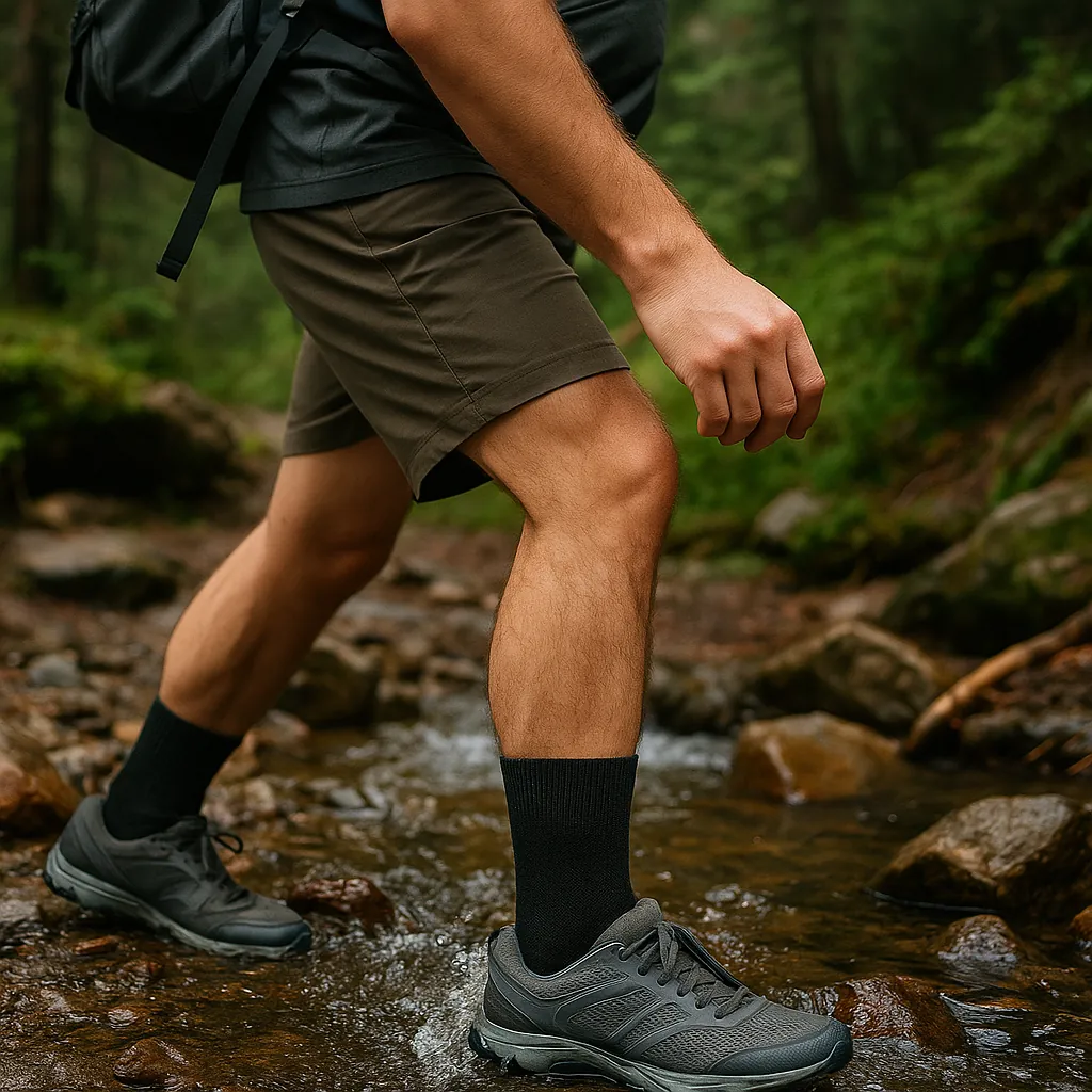Hiker crossing stream wearing waterproof socks with trail runners