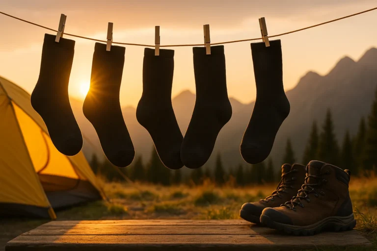 Top waterproof hiking socks displayed with trail gear and boots