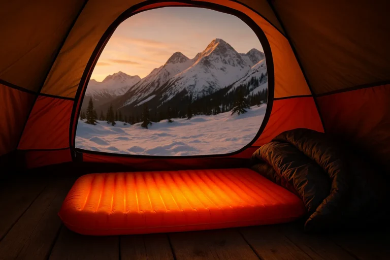 Heated sleeping pad keeping camper warm in winter tent with snowy mountains in background