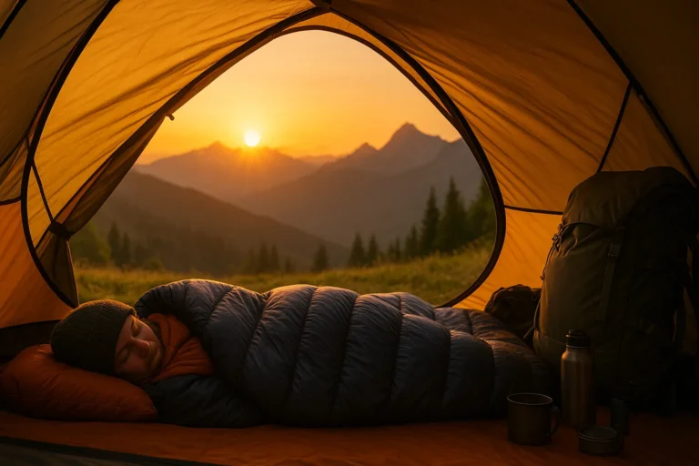 Premium ultralight down sleeping bag compressed into a small stuff sack next to a water bottle for size comparison, outdoors setting with mountains in background