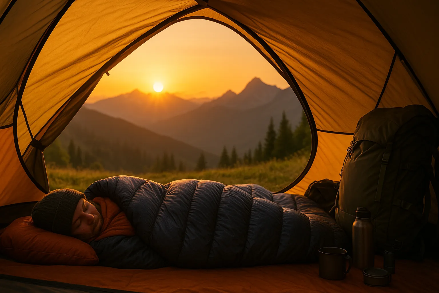 Premium ultralight down sleeping bag compressed into a small stuff sack next to a water bottle for size comparison, outdoors setting with mountains in background