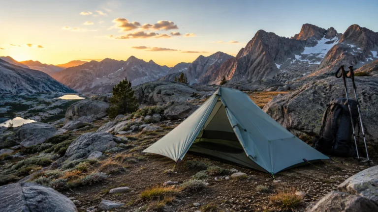 Ultralight one-person backpacking tent pitched at a mountain campsite beside trekking poles and a pack