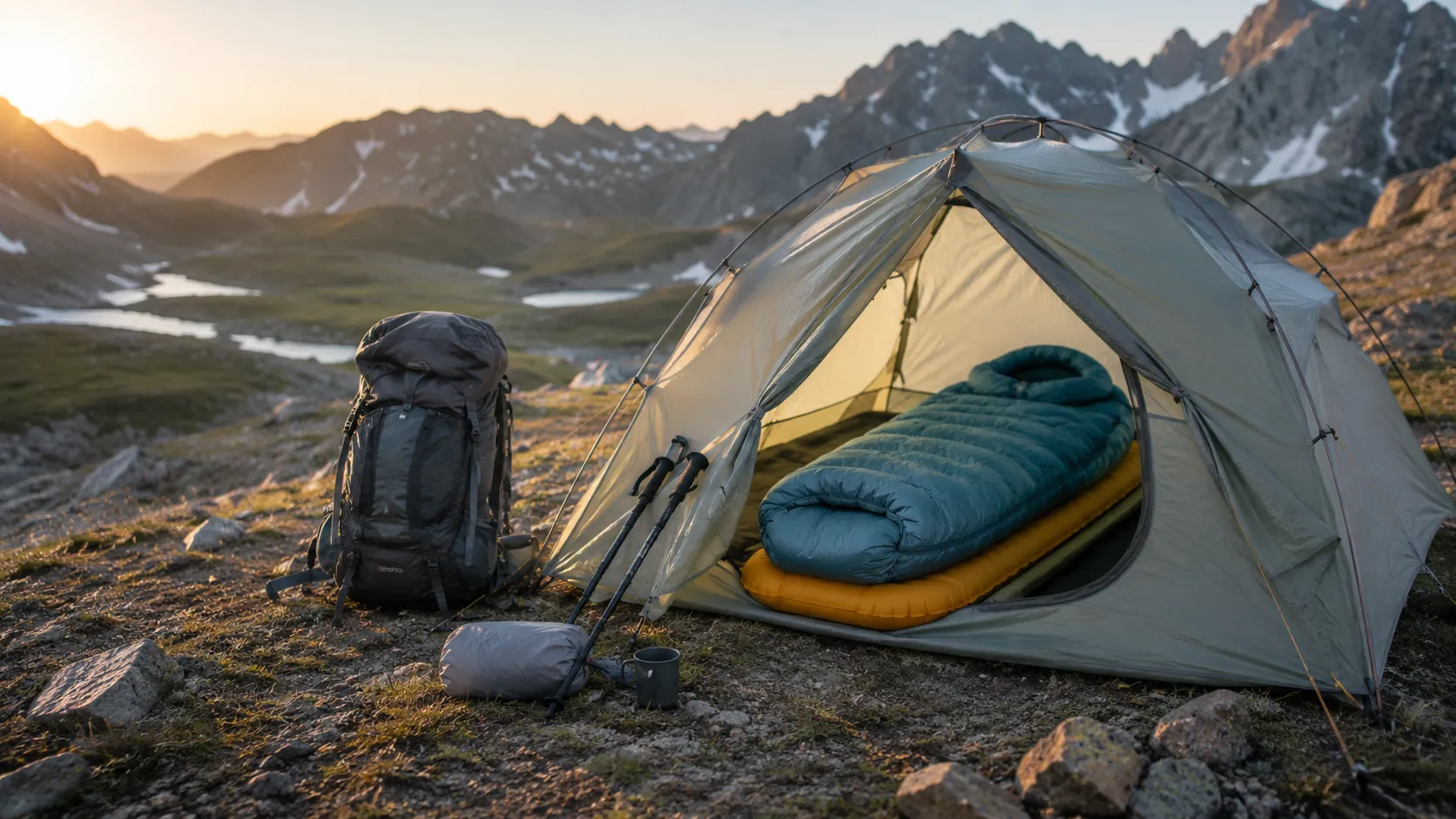 Ultralight down sleeping bag and compact backpacking sleep system at an alpine campsite