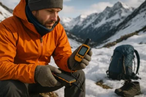 Hiker using rugged power bank to charge GPS device on snowy alpine trail