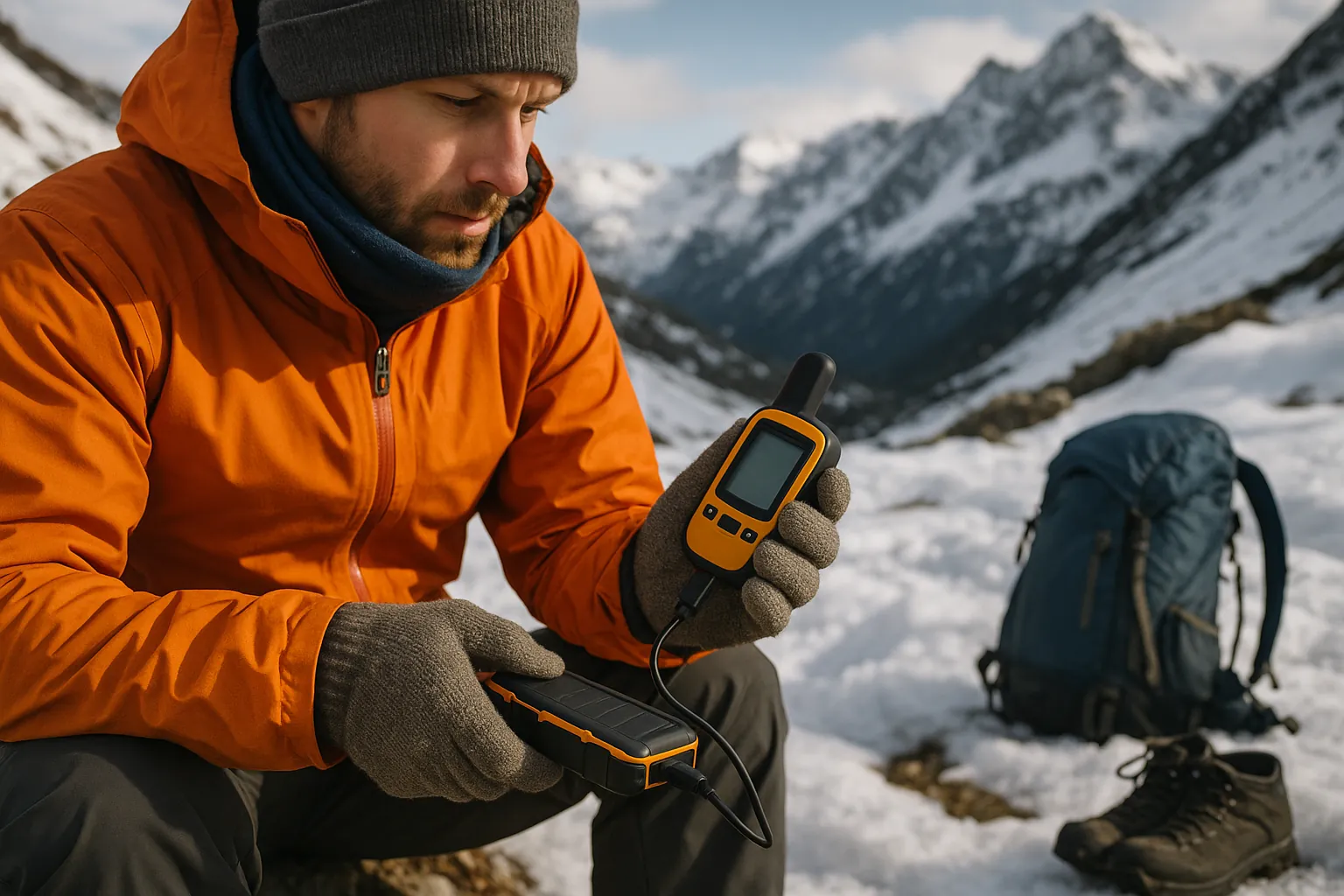 Hiker using rugged power bank to charge GPS device on snowy alpine trail