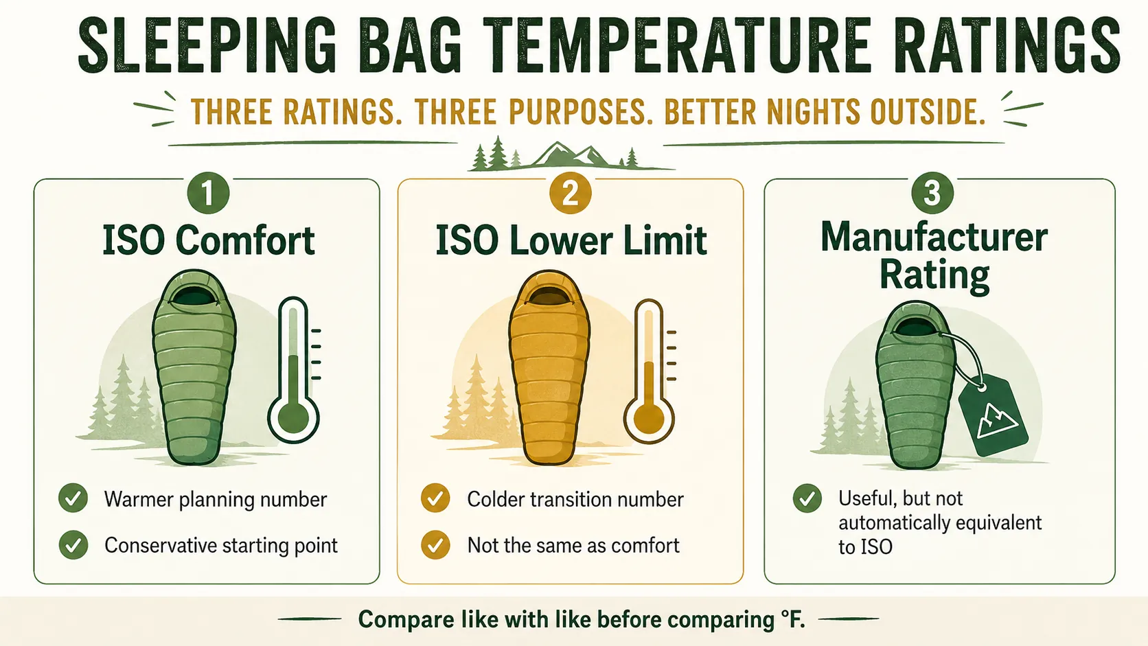 Sleeping bag temperature rating diagram comparing ISO comfort, lower limit and manufacturer-only ratings