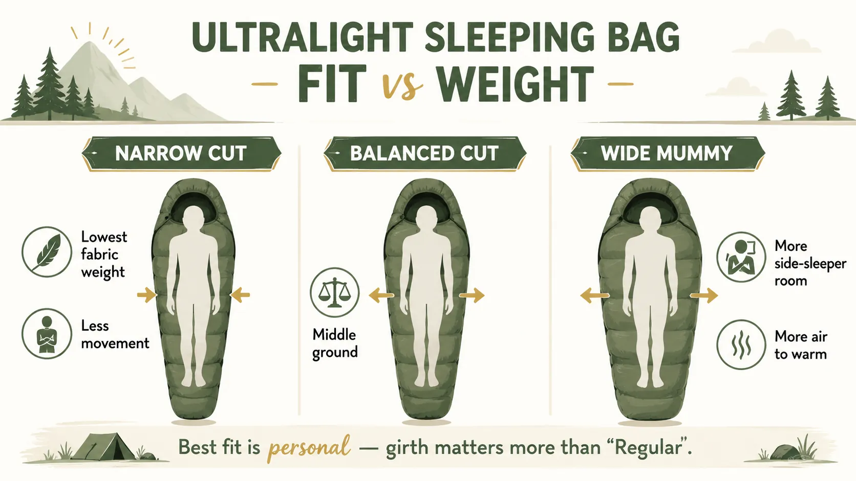 Ultralight sleeping bag fit comparison showing narrow, balanced and roomy mummy shapes