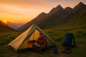 Ultralight one-person tent setup in mountain meadow with backpacker