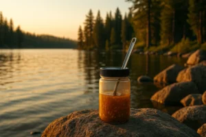 Golden-hour lakeside scene with a cold-soak jar and long spoon on a rock, suggesting no-stove meals for hot, humid trips