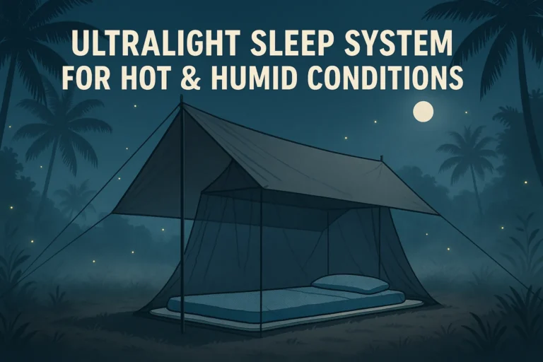 Ultralight tarp shelter with full bug net and a breathable liner on a pad for hot, humid nights