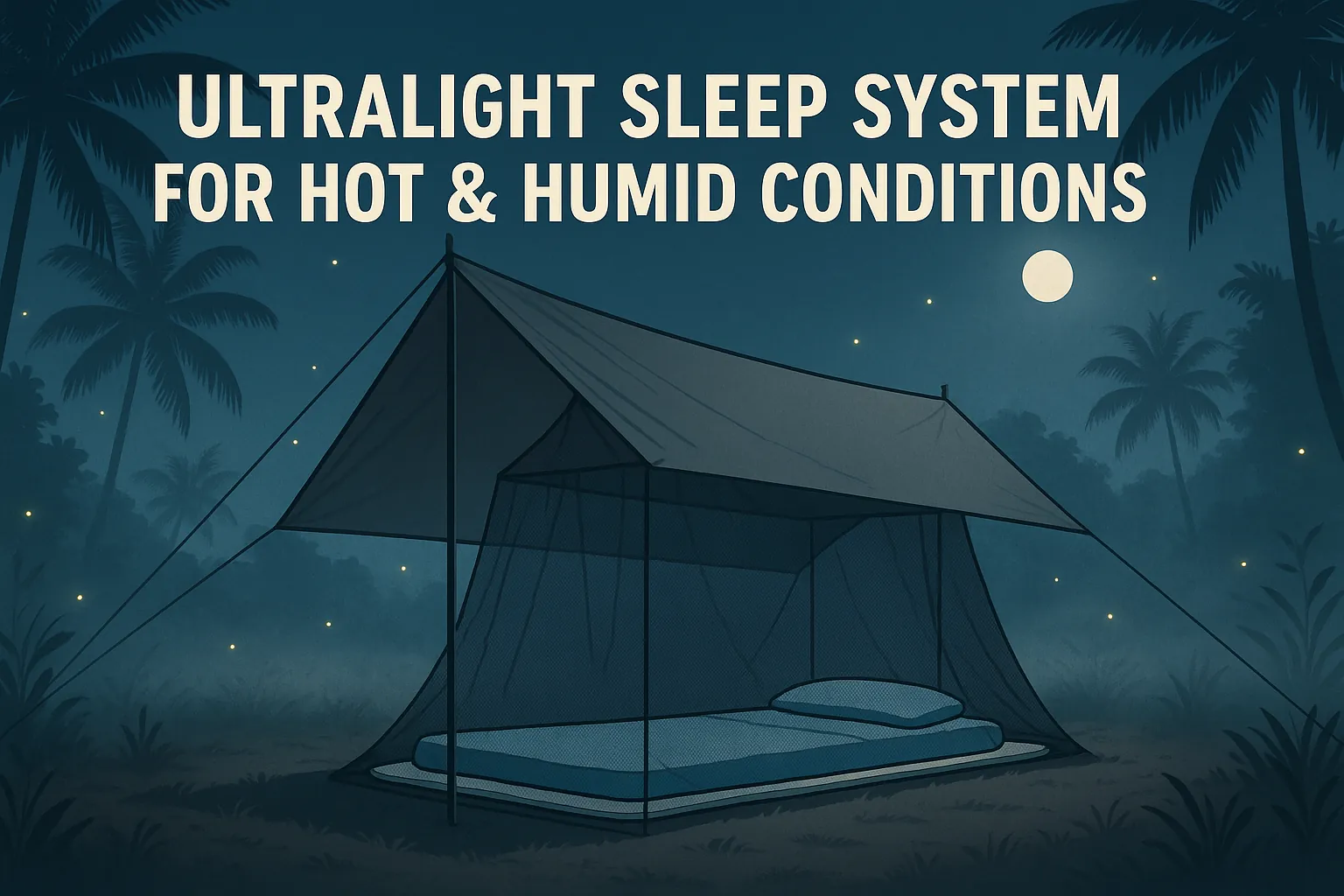 Ultralight tarp shelter with full bug net and a breathable liner on a pad for hot, humid nights