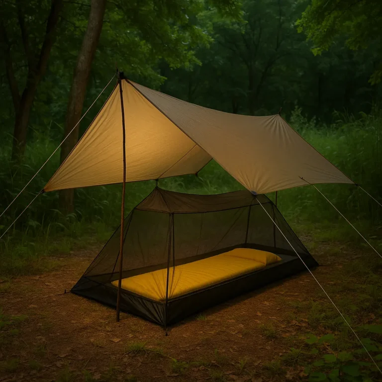 Ultralight bug protection for hot, humid nights — mesh shelter under a high-pitched tarp at a summer campsite