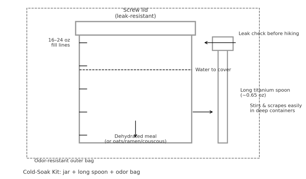 Diagram of a cold-soak kit showing a screw-top jar, long titanium spoon, and an odor-resistant bag