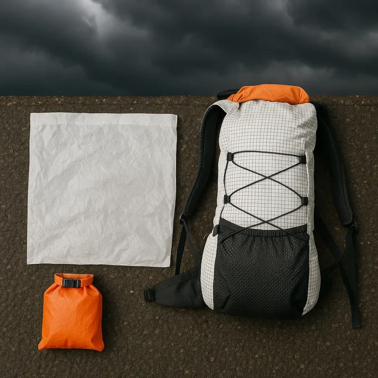 Minimal ultralight pack liner and small dry bag laid out beside a summer backpack, ready for stormy weather