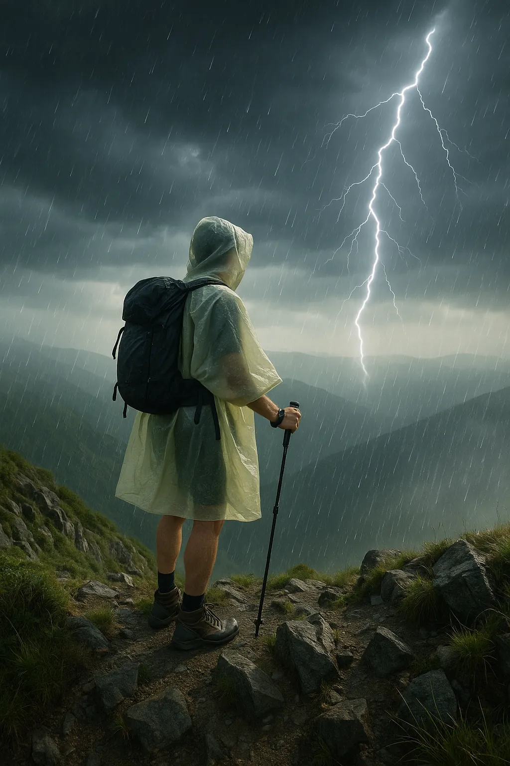 Hiker in an ultralight poncho on a stormy ridge with lightning and summer rain, suggesting lightweight rain systems