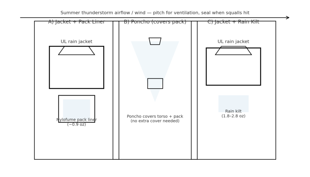 Diagram comparing three ultralight rain systems: jacket with pack liner, poncho that covers the pack, and jacket with rain kilt