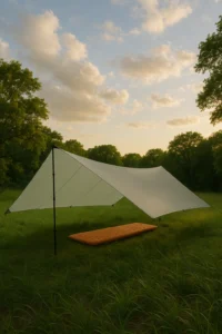Ultralight tarp pitched high at a summer campsite, ventilated for airflow on hot, humid nights