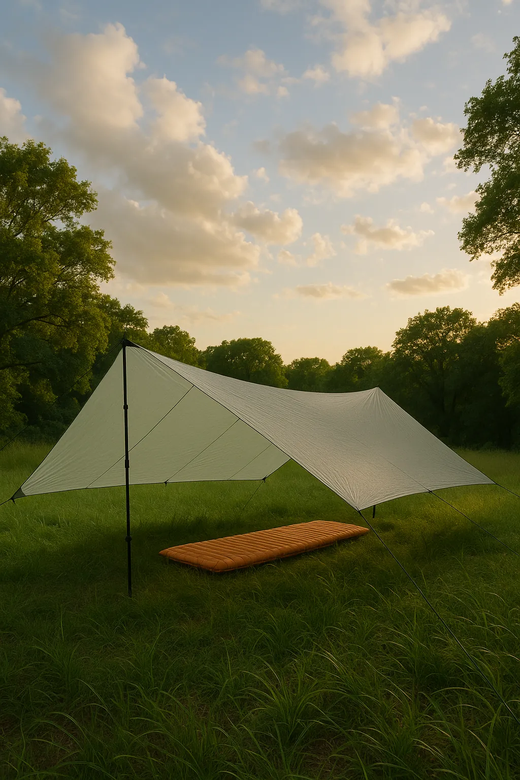 Ultralight tarp pitched high at a summer campsite, ventilated for airflow on hot, humid nights