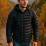 Hiker wearing packable down jacket under $200 during mountain trail adventure