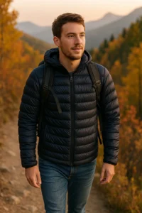 Hiker wearing packable down jacket under $200 during mountain trail adventure