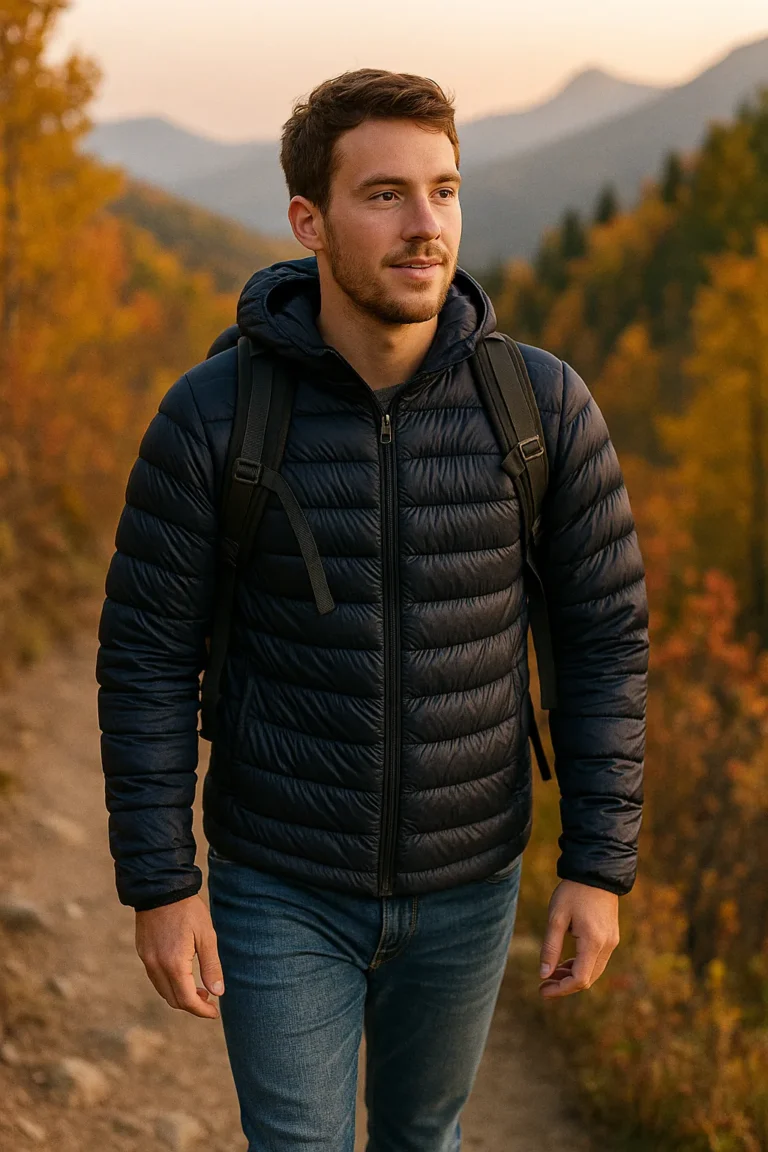 Hiker wearing packable down jacket under $200 during mountain trail adventure