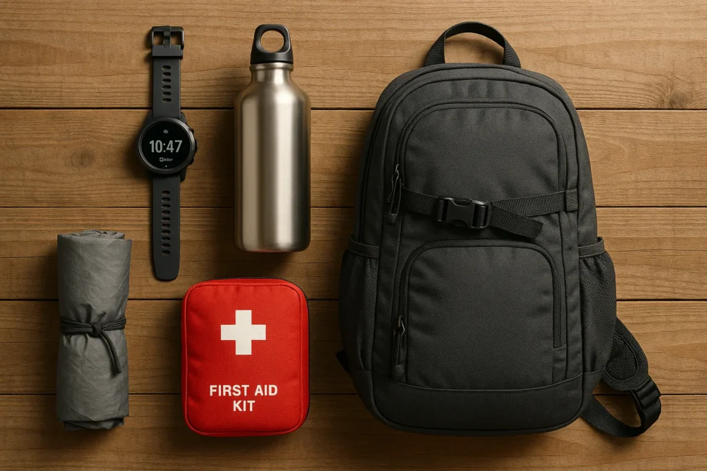 organized day hiking gear layout