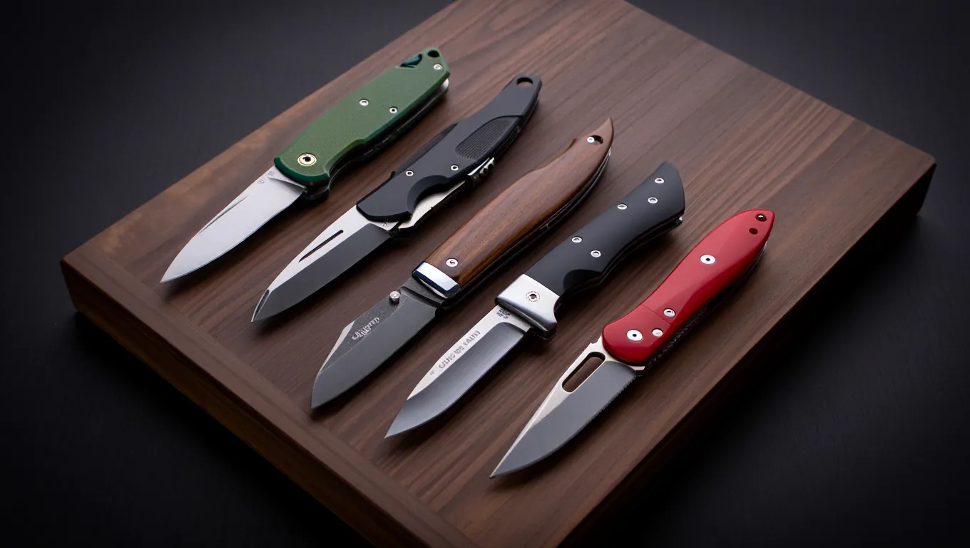 Collection of best pocket knives under $50 including Kershaw Leek, CRKT Pilar, and Ontario RAT 2 displayed on wooden surface