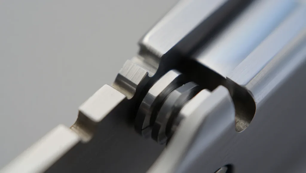 Close-up of budget pocket knife under $50 showing liner lock mechanism and blade steel marking