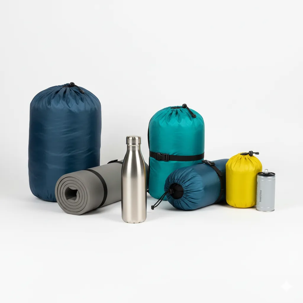 Compressed sleeping bags and pads next to a water bottle showing packed size
