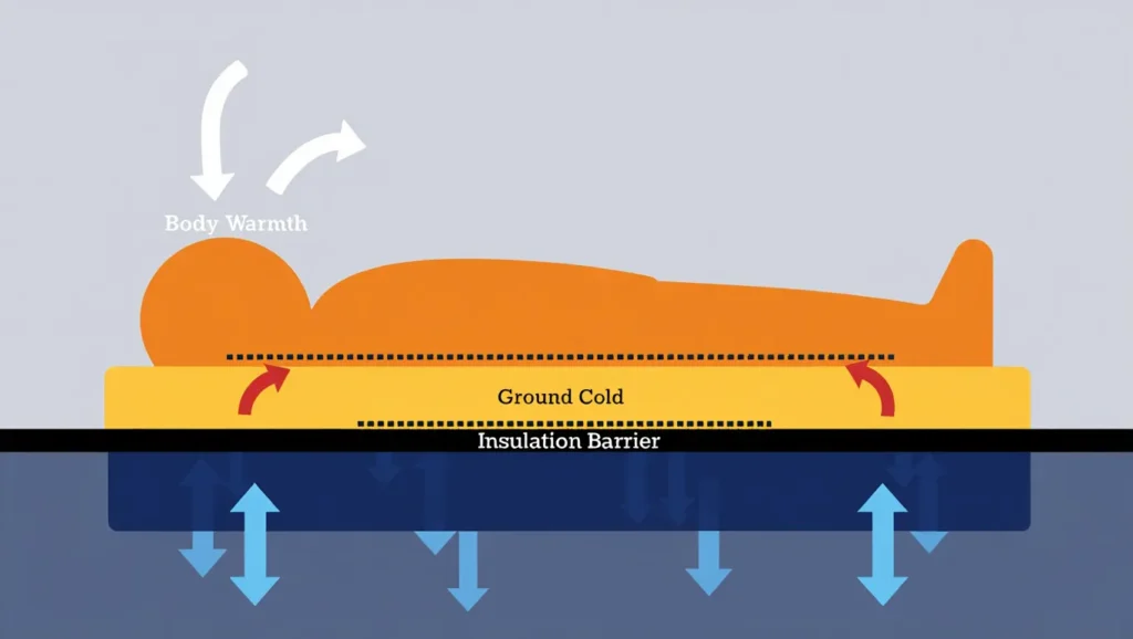 Diagram explaining sleeping pad R-value and heat loss to the cold ground