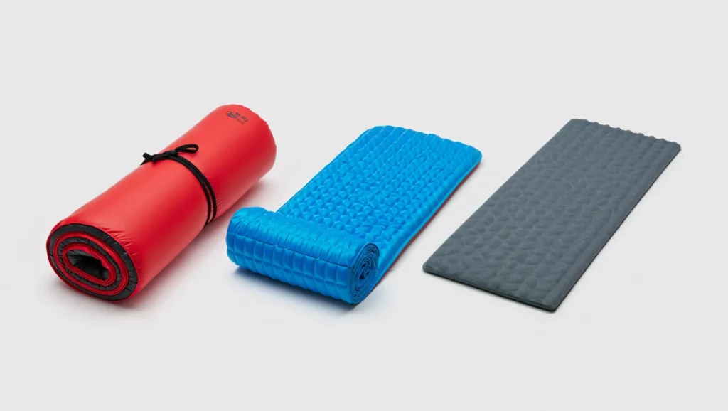 Three backpacking sleeping pads side by side air self-inflating and foam