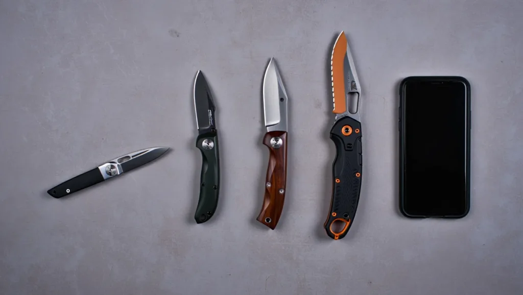 Budget-friendly folding knives size comparison with everyday items for scale reference