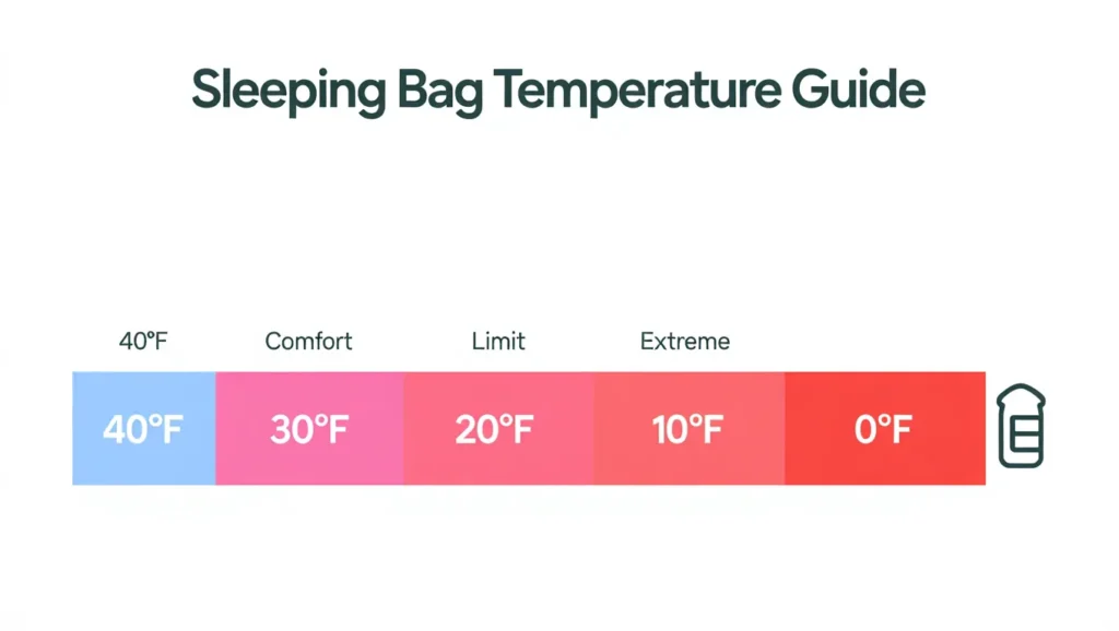 Infographic comparing backpacking sleeping bag temperature ratings from 40°F to 0°F